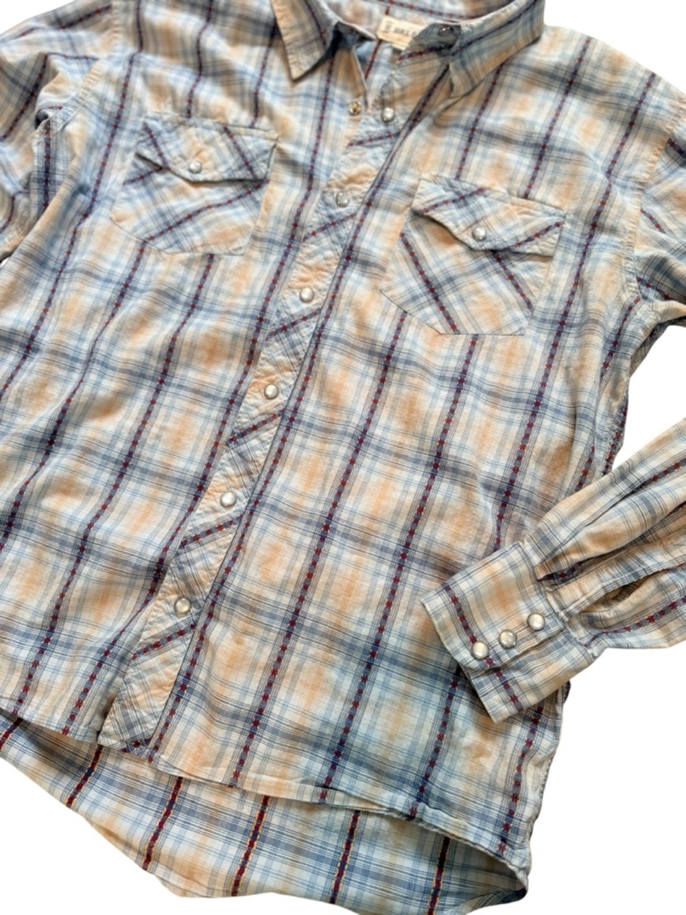 BKE Buckle Plaid Western Snap Shirt Mens Large Blue Tan Embroidered Cotton - Picture 9 of 11